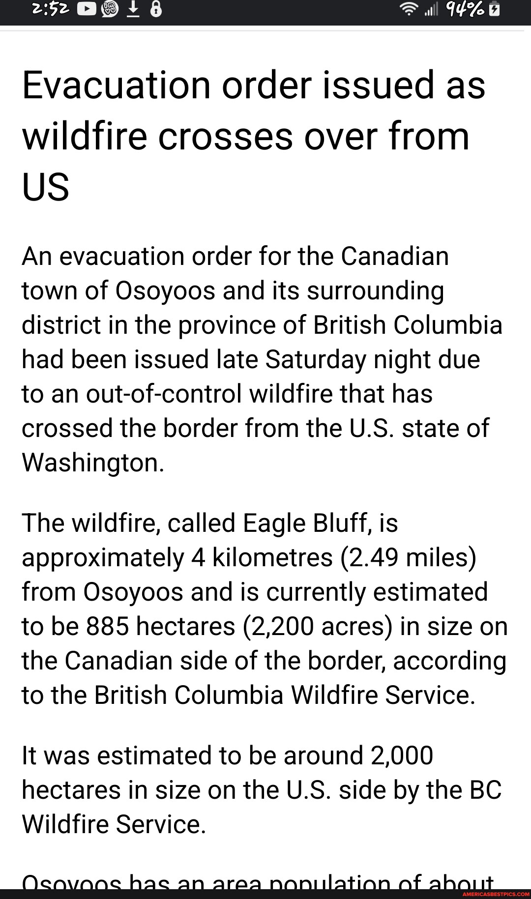 Evacuation order issued as wildfire crosses over from US An evacuation ...